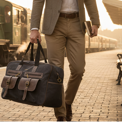 Cotton Road Travel Bag: BLACK Canvas bag with PU Leather Trim LIFESTYLE