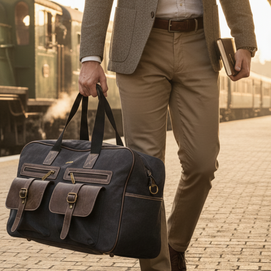 Cotton Road Travel Bag: BLACK Canvas bag with PU Leather Trim LIFESTYLE