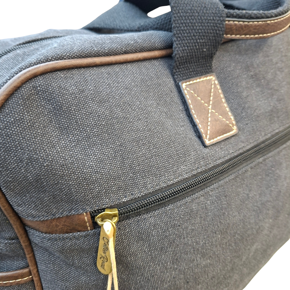 Cotton Road Travel Bag: BLACK Canvas bag with PU Leather Trim SIDE