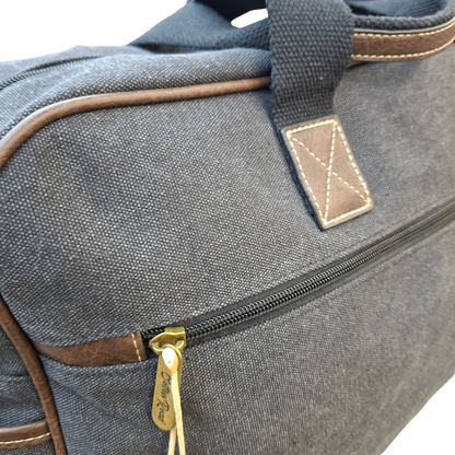Cotton Road Travel Bag: BLACK Canvas bag with PU Leather Trim SIDE