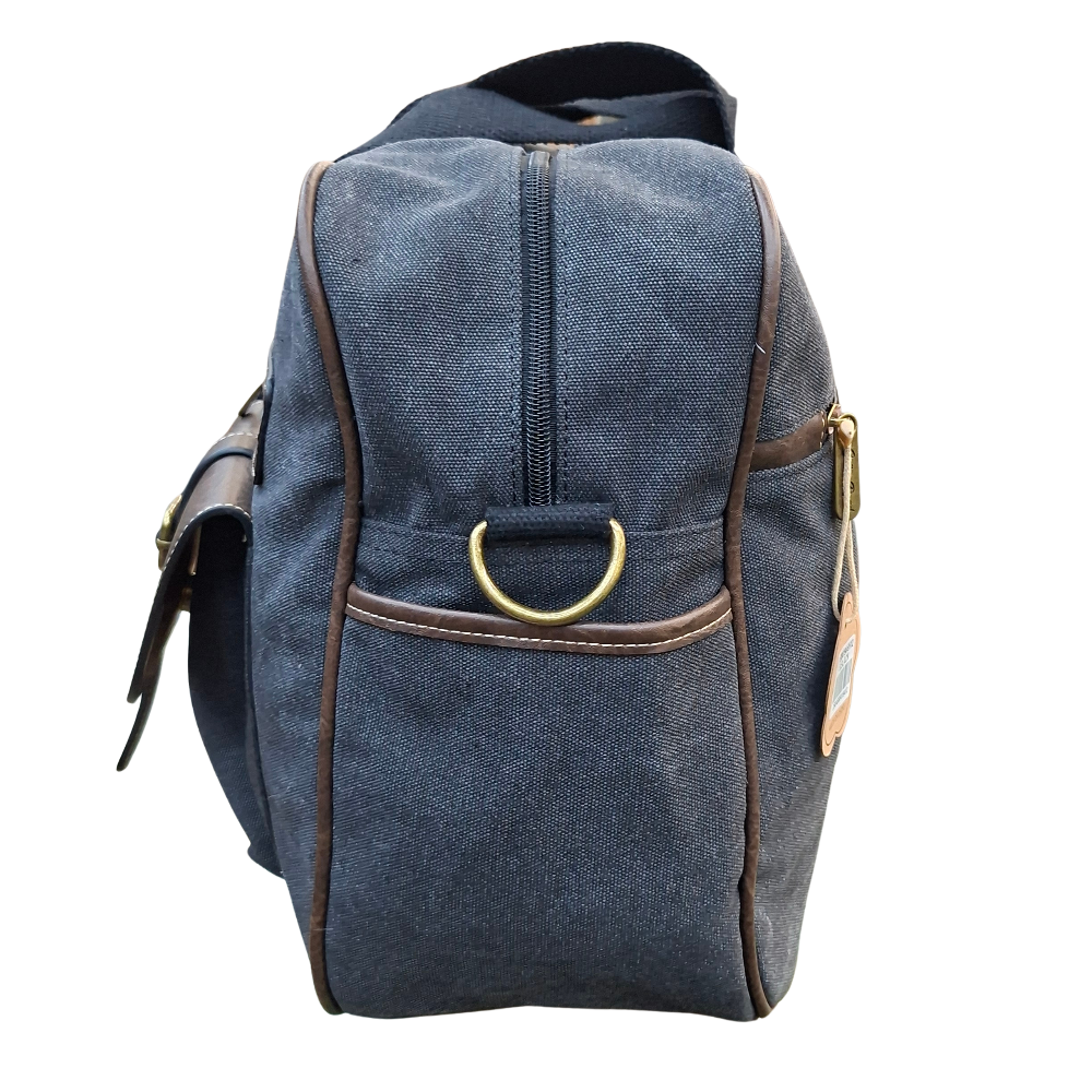 Cotton Road Travel Bag: BLACK Canvas bag with PU Leather Trim SIDE VIEW
