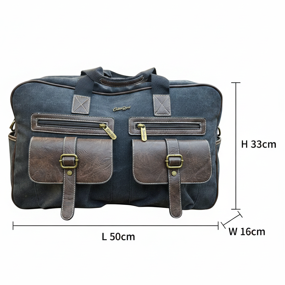 Cotton Road Travel Bag: BLACK Canvas bag with PU Leather Trim SIZE