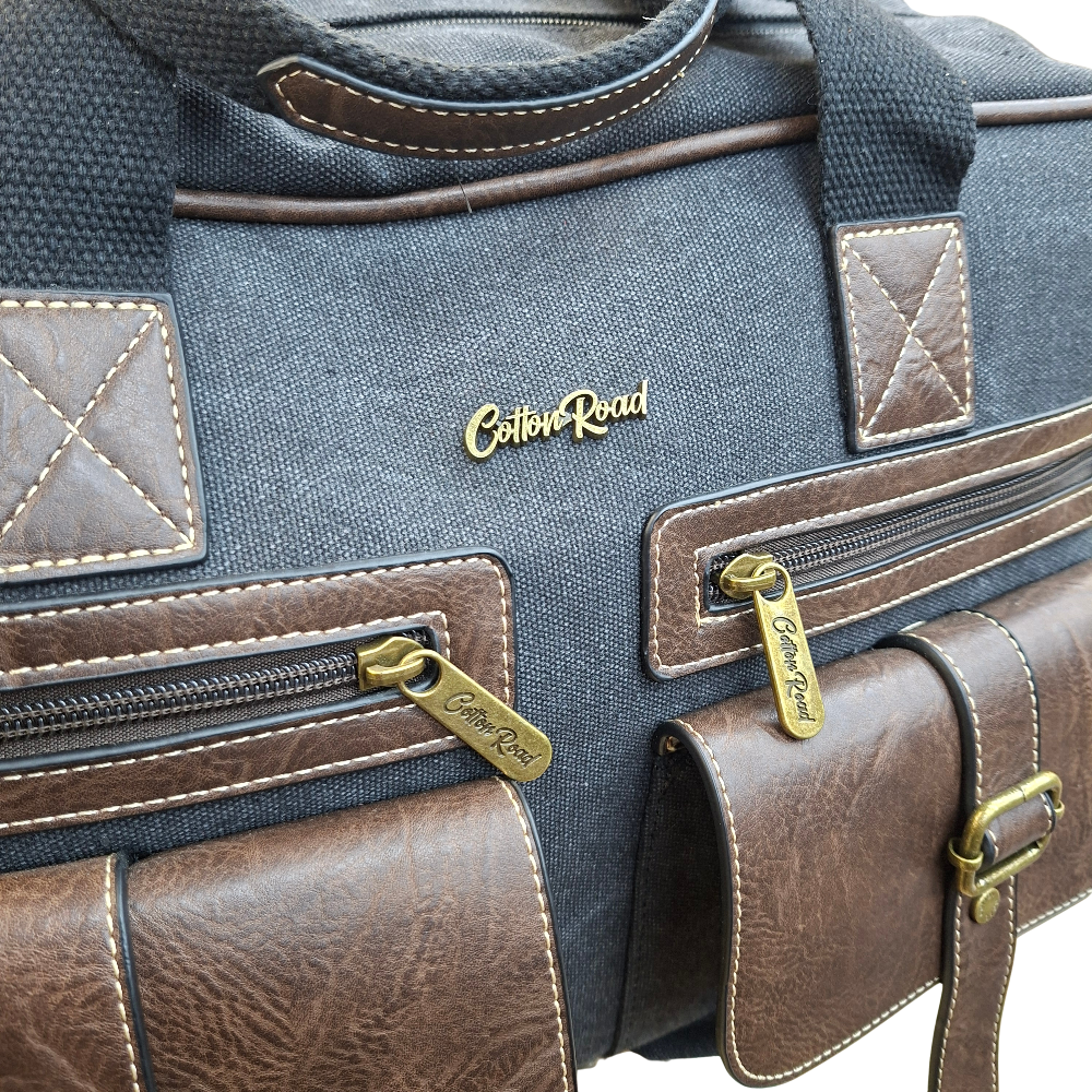 Cotton Road Travel Bag: BLACK Canvas bag with PU Leather Trim ZOOM
