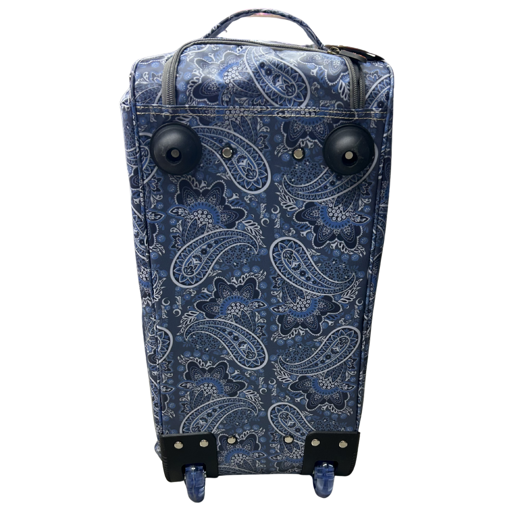 Cotton Road Travel Bag: BLUE Paisley TROLLEY bag with TWIN handles and WHEELS BOTTOM VIEW