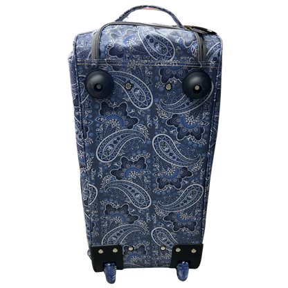 Cotton Road Travel Bag: BLUE Paisley TROLLEY bag with TWIN handles and WHEELS BOTTOM VIEW