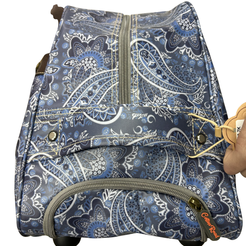 Cotton Road Travel Bag: BLUE Paisley TROLLEY bag with TWIN handles and WHEELS FLAT VIEW