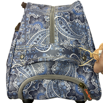 Cotton Road Travel Bag: BLUE Paisley TROLLEY bag with TWIN handles and WHEELS FLAT VIEW