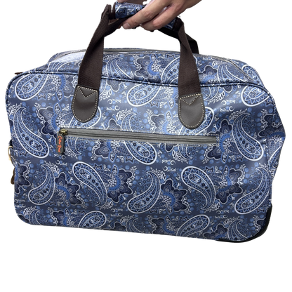 Cotton Road Travel Bag: BLUE Paisley TROLLEY bag with TWIN handles and WHEELS FRONT