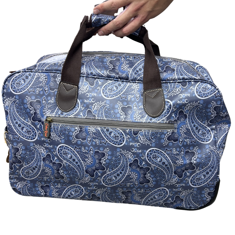 Cotton Road Travel Bag: BLUE Paisley TROLLEY bag with TWIN handles and WHEELS FRONT VIEW