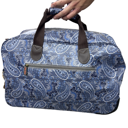 Cotton Road Travel Bag: BLUE Paisley TROLLEY bag with TWIN handles and WHEELS FRONT VIEW