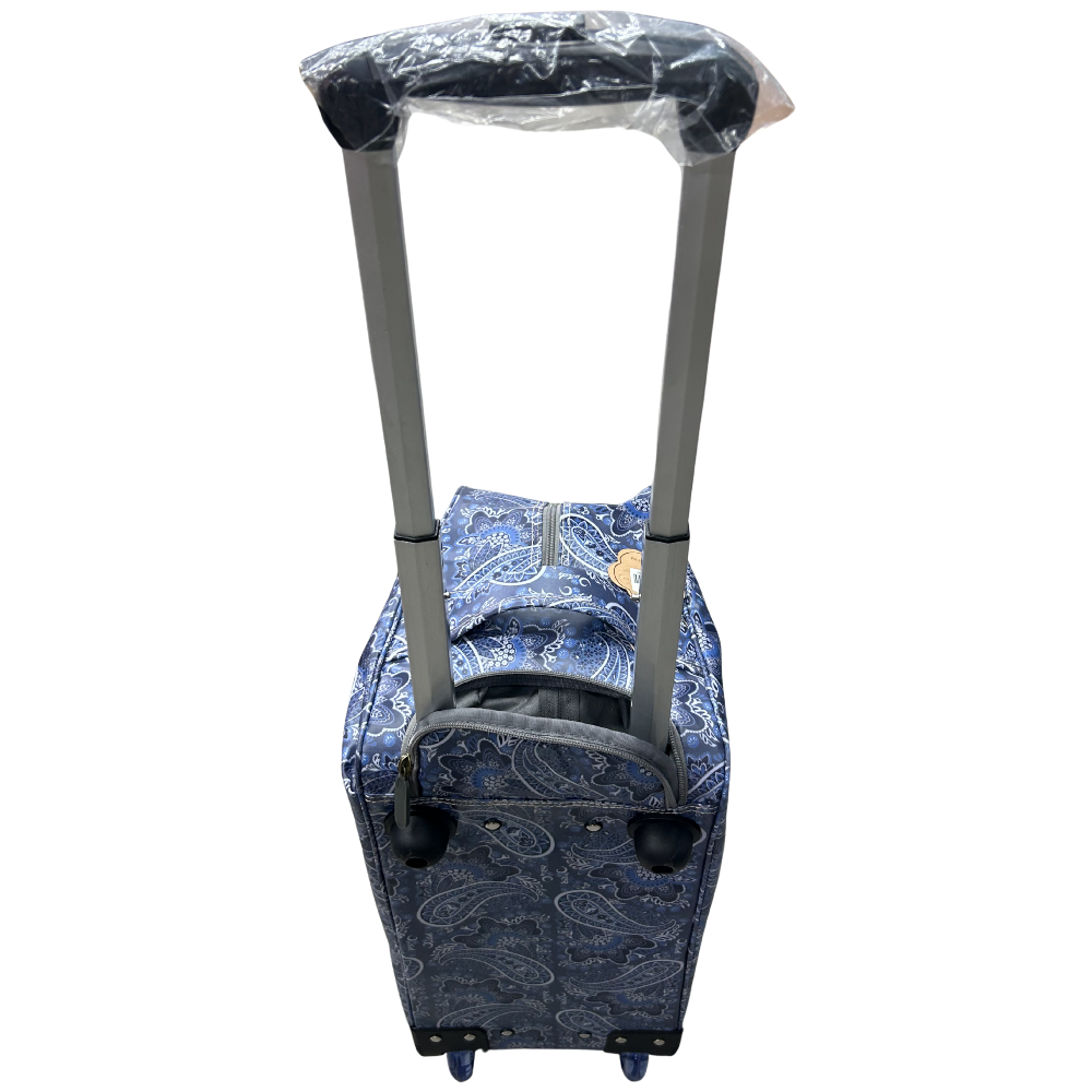 Cotton Road Travel Bag: BLUE Paisley TROLLEY bag with TWIN handles and WHEELS HANDLE EXTENDED