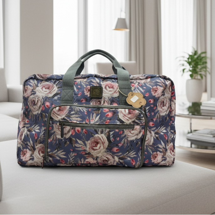 Cotton Road Travel Bag: BLUE Soft Overnight Bag with Pink Roses detailing HERO