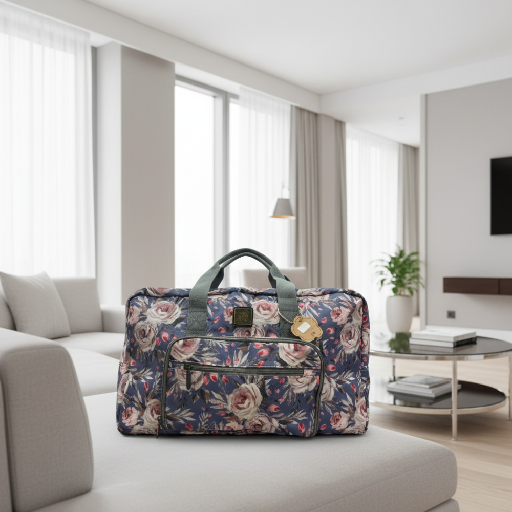Cotton Road Travel Bag: BLUE Soft Overnight Bag with Pink Roses detailing LIFESTYLE