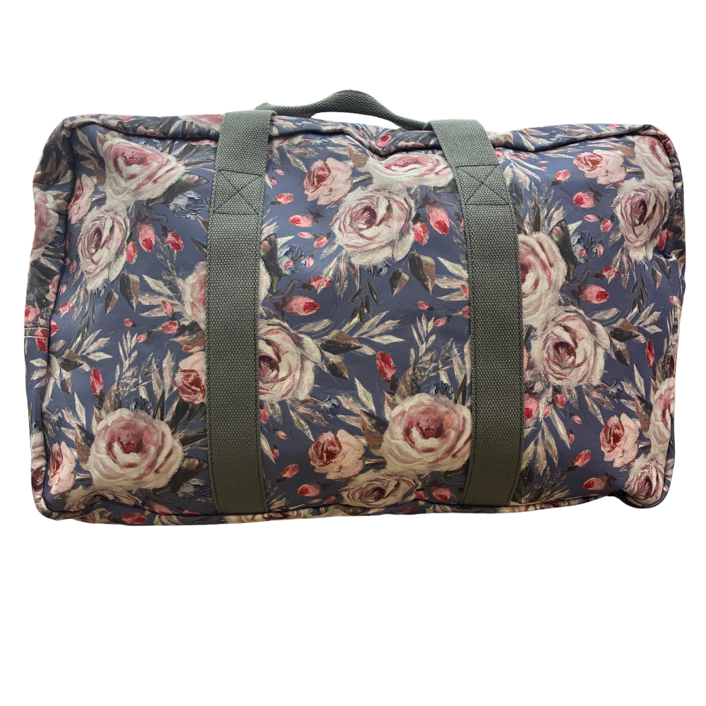 Cotton Road Travel Bag: BLUE Soft Overnight Bag with Pink Roses detailing back view