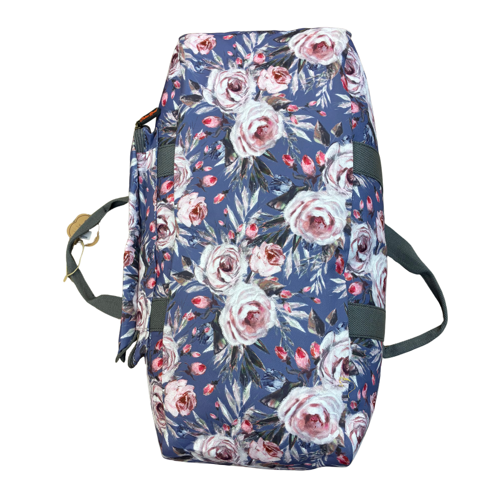 Cotton Road Travel Bag: BLUE Soft Overnight Bag with Pink Roses detailing bottom view