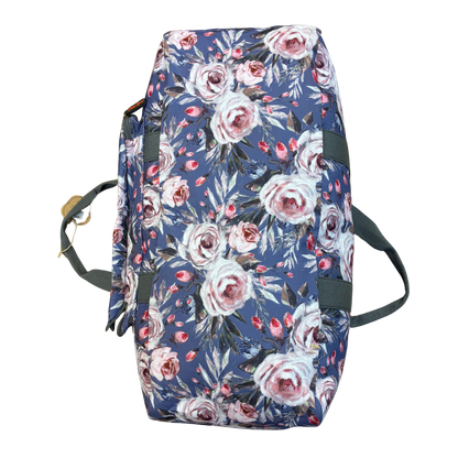 Cotton Road Travel Bag: BLUE Soft Overnight Bag with Pink Roses detailing bottom view
