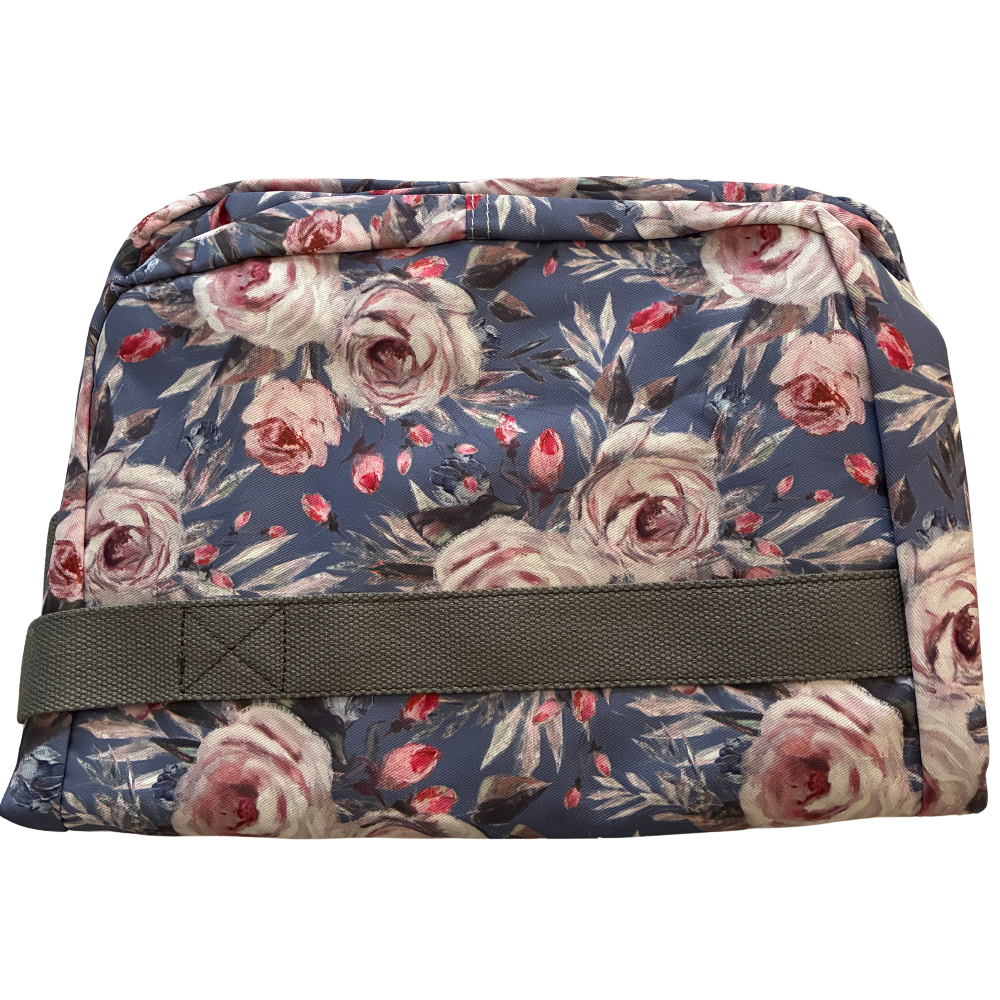 Cotton Road Travel Bag: BLUE Soft Overnight Bag with Pink Roses detailing folded