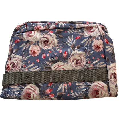 Cotton Road Travel Bag: BLUE Soft Overnight Bag with Pink Roses detailing folded