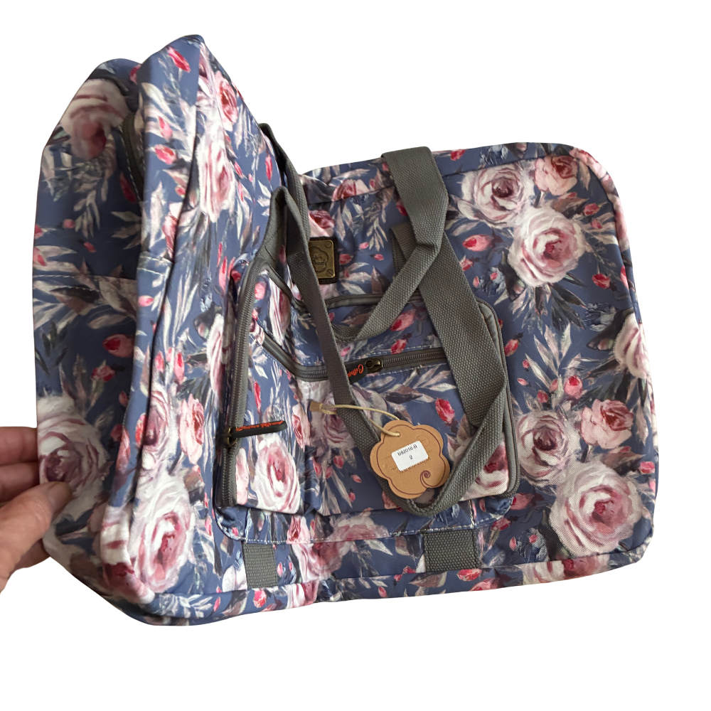 Cotton Road Travel Bag: BLUE Soft Overnight Bag with Pink Roses detailing folding open
