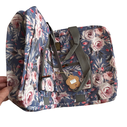 Cotton Road Travel Bag: BLUE Soft Overnight Bag with Pink Roses detailing folding open