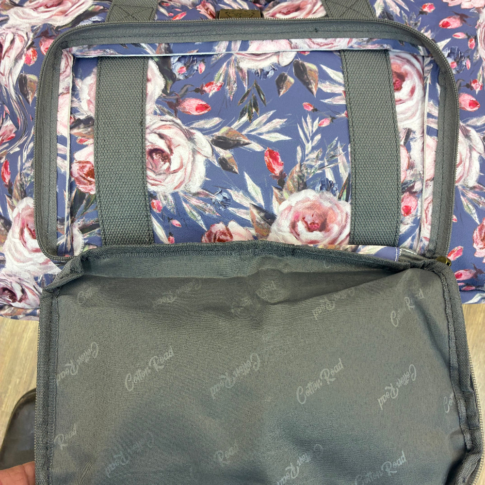 Cotton Road Travel Bag: BLUE Soft Overnight Bag with Pink Roses detailing front pocket open view
