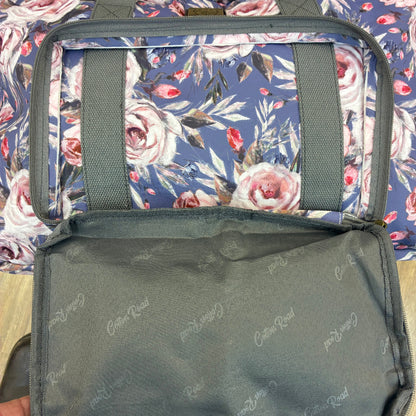Cotton Road Travel Bag: BLUE Soft Overnight Bag with Pink Roses detailing front pocket open view