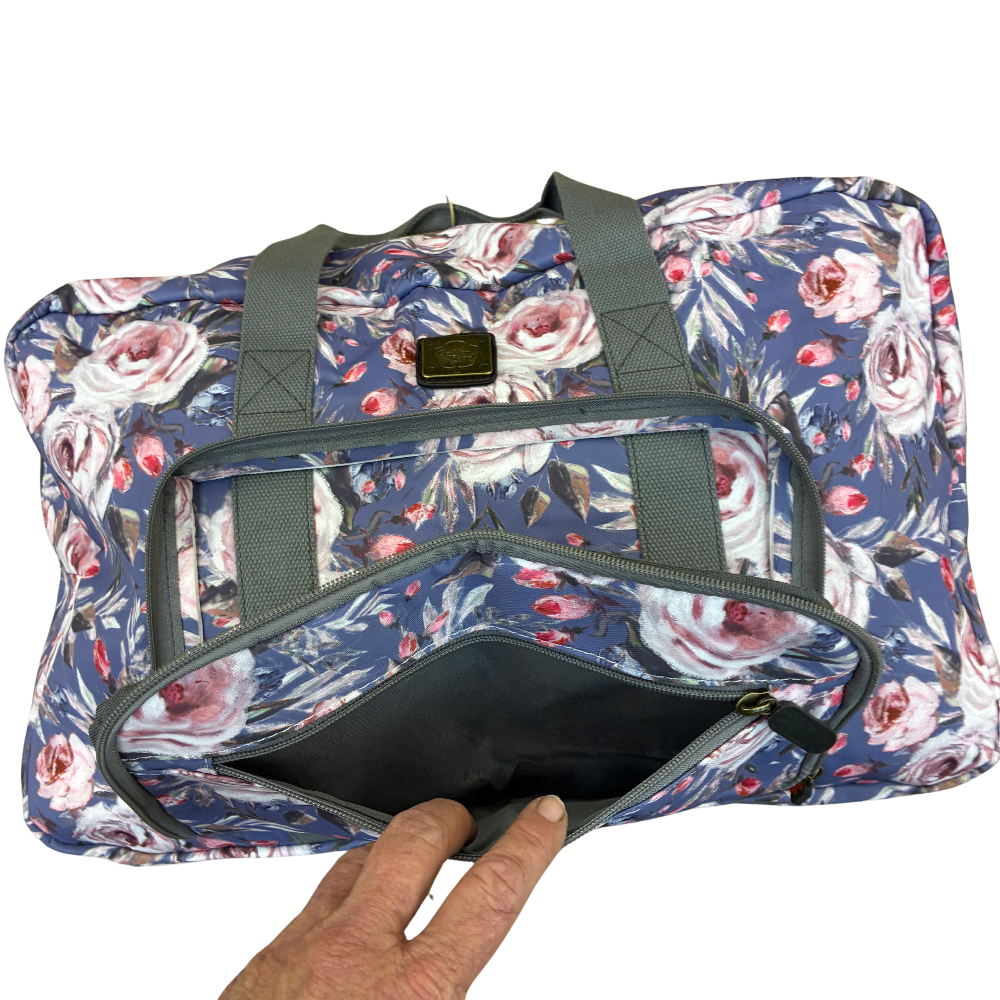 Cotton Road Travel Bag: BLUE Soft Overnight Bag with Pink Roses detailing front pockets open view