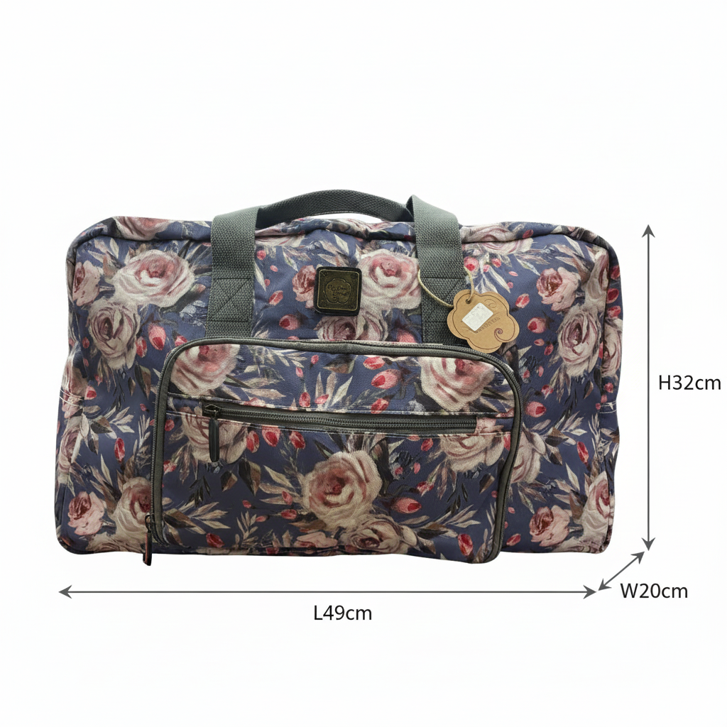Cotton Road Travel Bag: BLUE Soft Overnight Bag with Pink Roses detailing