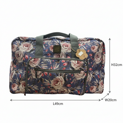 Cotton Road Travel Bag: BLUE Soft Overnight Bag with Pink Roses detailing