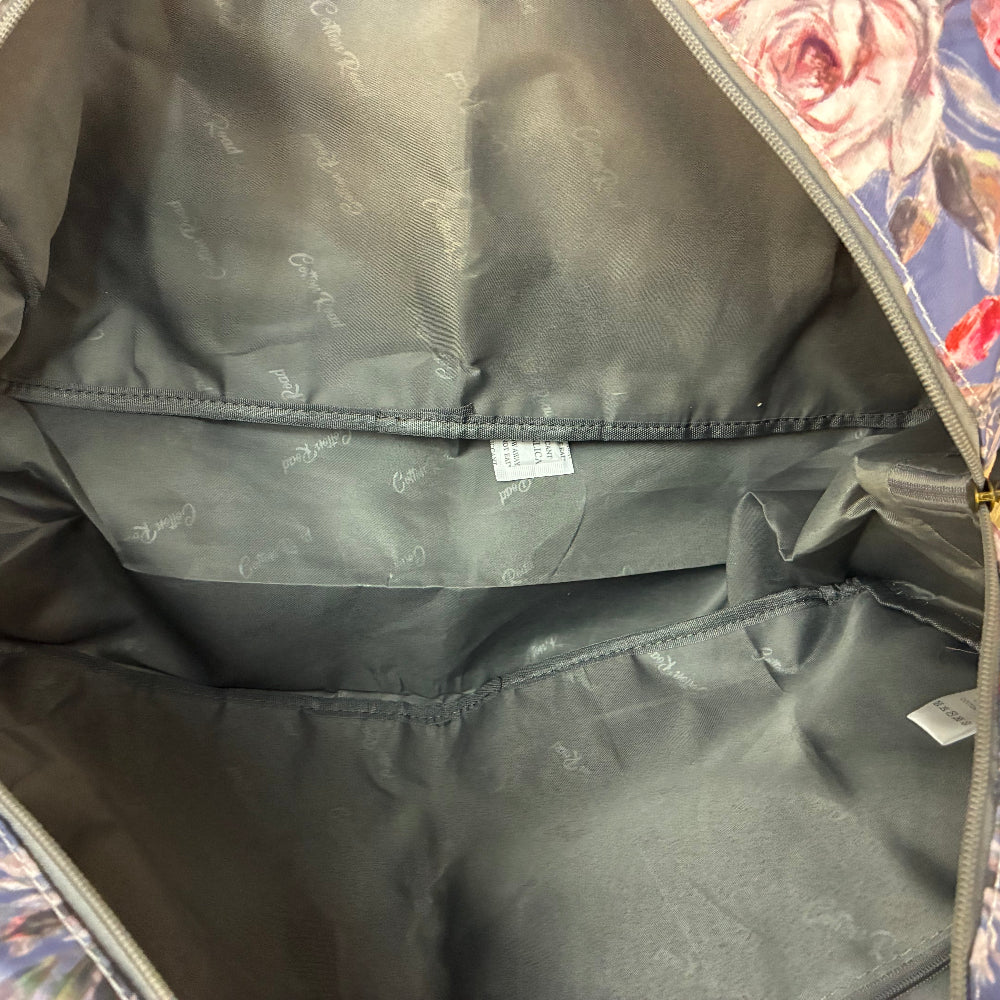 Cotton Road Travel Bag: BLUE Soft Overnight Bag with Pink Roses detailing inner view