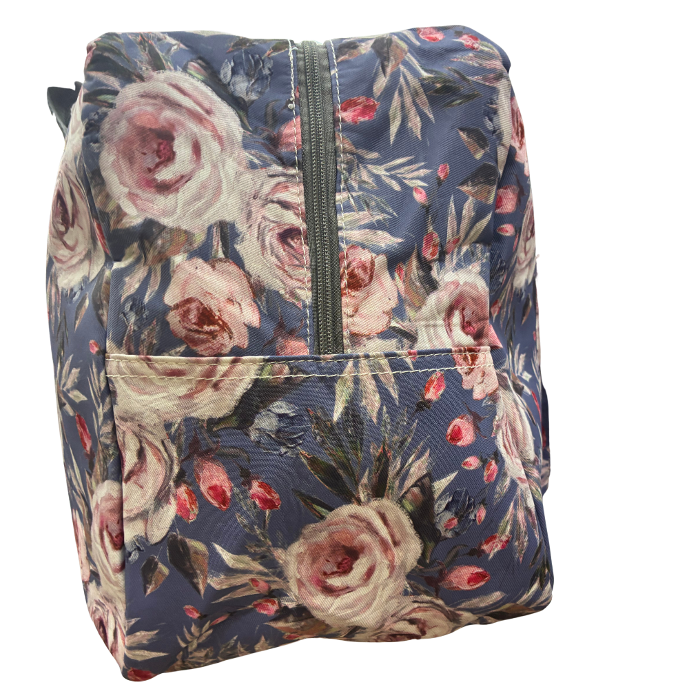 Cotton Road Travel Bag: BLUE Soft Overnight Bag with Pink Roses detailing side view