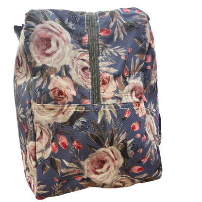 Cotton Road Travel Bag: BLUE Soft Overnight Bag with Pink Roses detailing side view