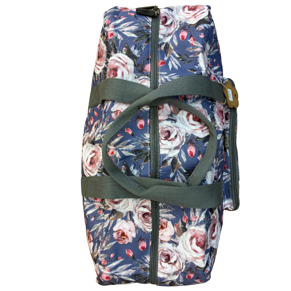 Cotton Road Travel Bag: BLUE Soft Overnight Bag with Pink Roses detailing top closed view