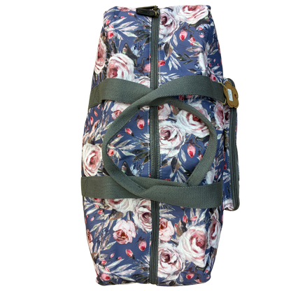 Cotton Road Travel Bag: BLUE Soft Overnight Bag with Pink Roses detailing top closed view