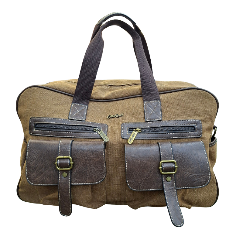 Cotton Road Travel Bag: BROWN Canvas bag with PU Leather Trim
