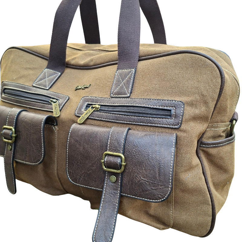Cotton Road Travel Bag: BROWN Canvas bag with PU Leather Trim FRONT POCKET