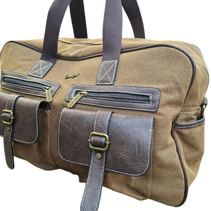 Cotton Road Travel Bag: BROWN Canvas bag with PU Leather Trim FRONT POCKET