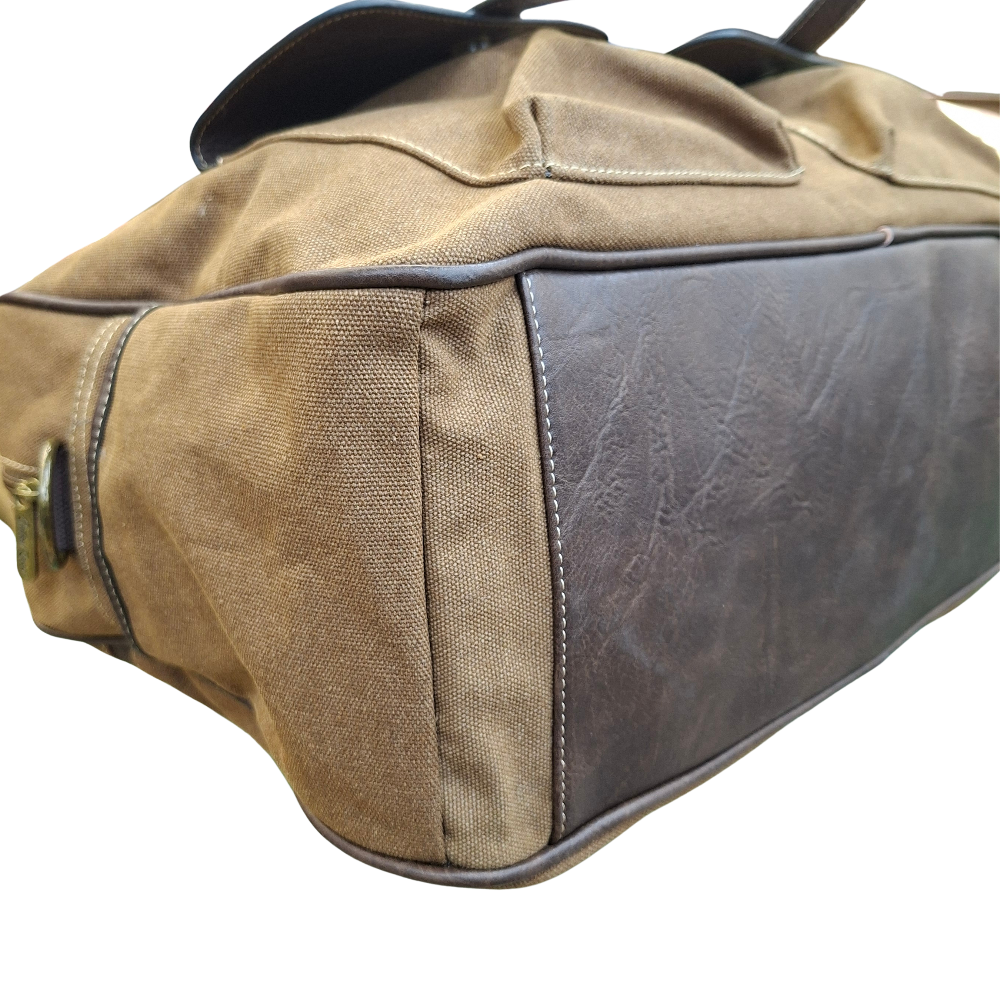 Cotton Road Travel Bag: BROWN Canvas bag with PU Leather Trim FRONT POCKET BOTTOM