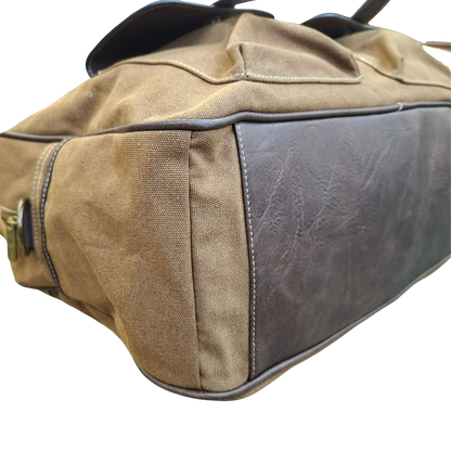 Cotton Road Travel Bag: BROWN Canvas bag with PU Leather Trim FRONT POCKET BOTTOM