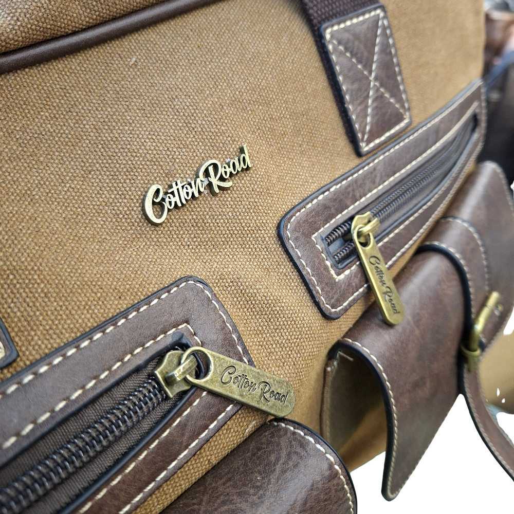Cotton Road Travel Bag: BROWN Canvas bag with PU Leather Trim FRONT POCKET DETAIL
