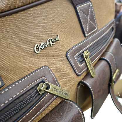 Cotton Road Travel Bag: BROWN Canvas bag with PU Leather Trim FRONT POCKET DETAIL