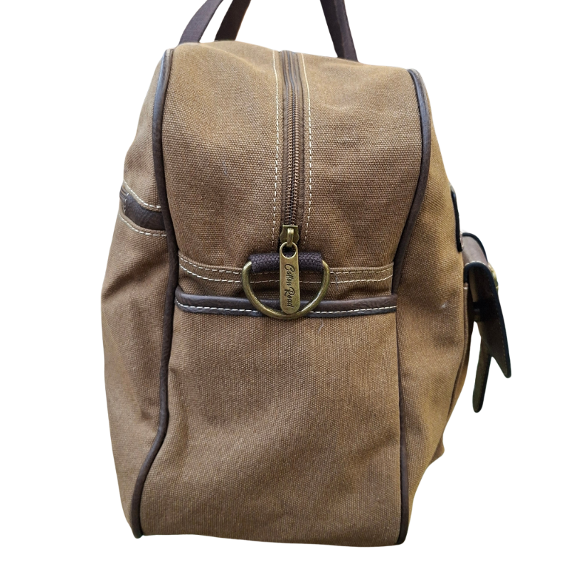 Cotton Road Travel Bag: BROWN Canvas bag with PU Leather Trim FRONT POCKET SIDE