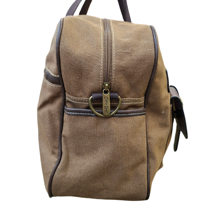 Cotton Road Travel Bag: BROWN Canvas bag with PU Leather Trim FRONT POCKET SIDE