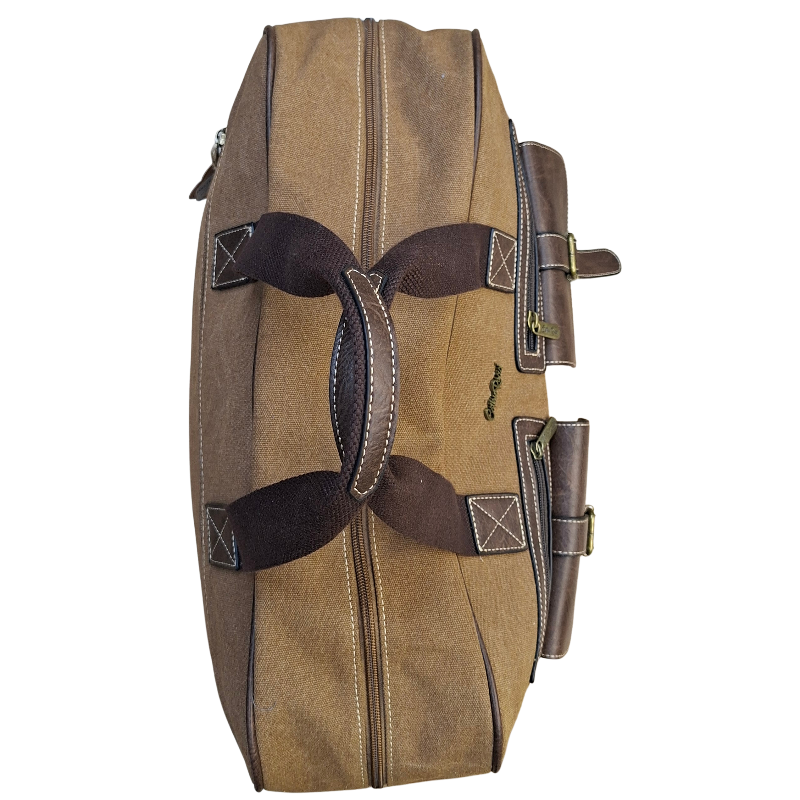 Cotton Road Travel Bag: BROWN Canvas bag with PU Leather Trim FRONT POCKET TOP DETAIL CLOSED