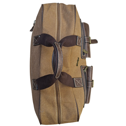 Cotton Road Travel Bag: BROWN Canvas bag with PU Leather Trim FRONT POCKET TOP DETAIL CLOSED
