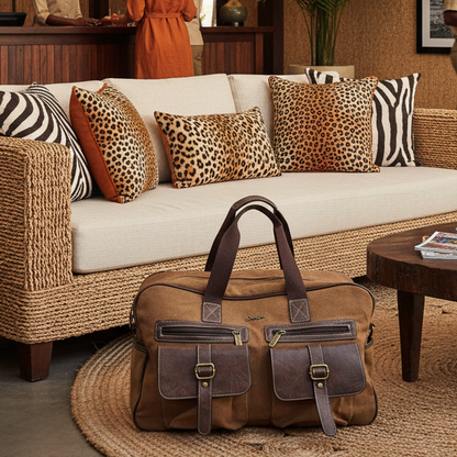 Cotton Road Travel Bag: BROWN Canvas bag with PU Leather Trim LIFESTYE