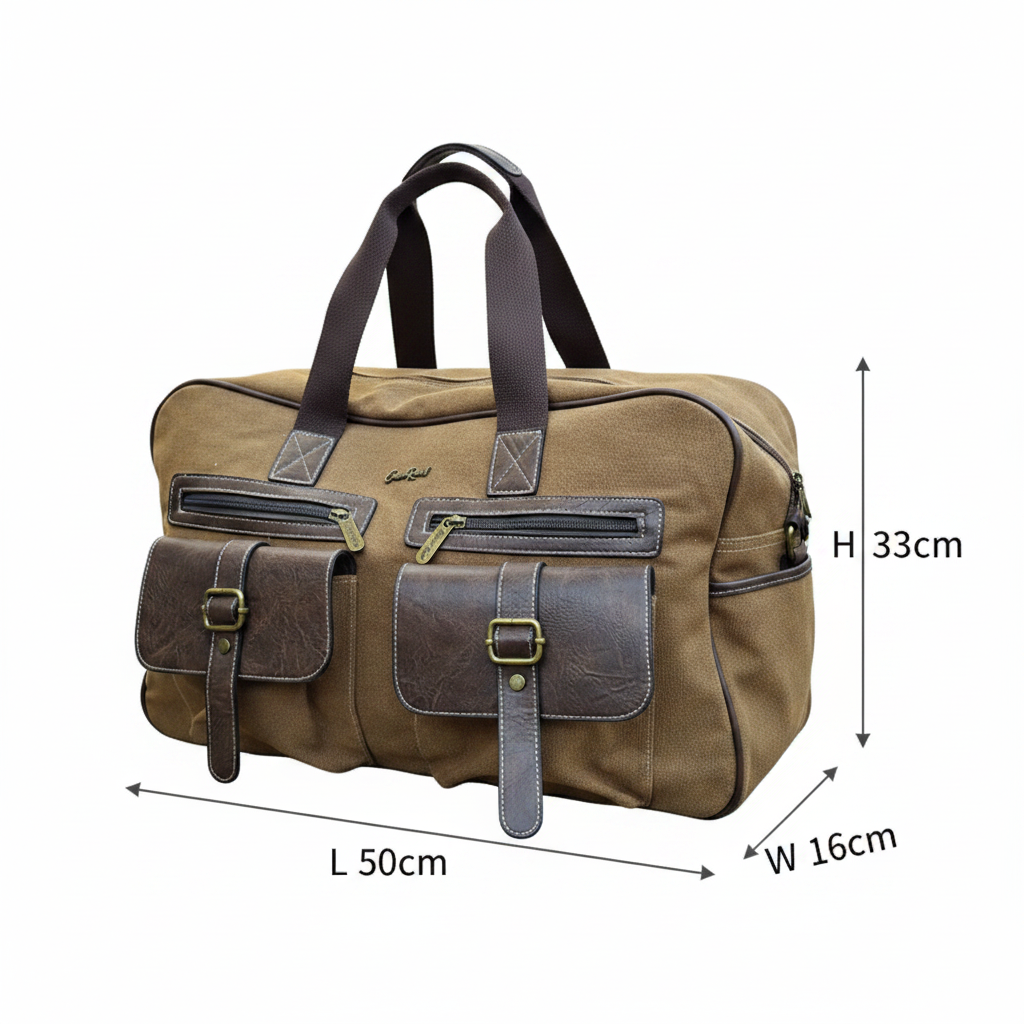 Cotton Road Travel Bag: BROWN Canvas bag with PU Leather Trim