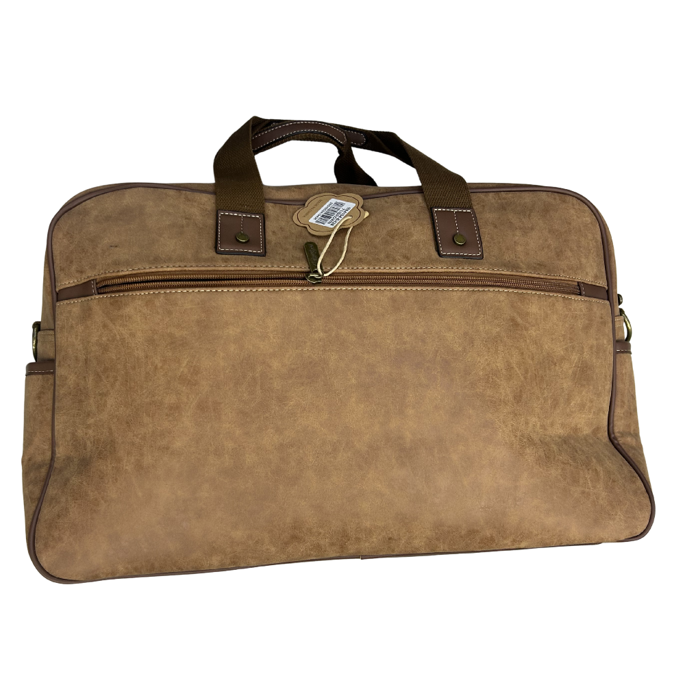 Cotton Road Travel Bag: BROWN PU Leather Overnight Duffel with Embossed Protea BACK VIEW DETAIL