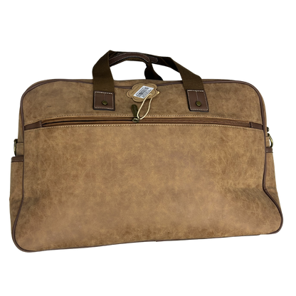 Cotton Road Travel Bag: BROWN PU Leather Overnight Duffel with Embossed Protea BACK VIEW DETAIL