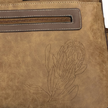 Cotton Road Travel Bag: BROWN PU Leather Overnight Duffel with Embossed Protea DETAIL